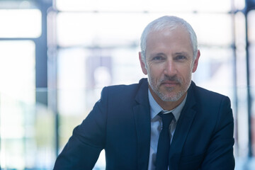 Naklejka premium Portrait, mature and businessman in office, corporate and company manager or executive. Successful, entrepreneur, and workplace in leader, professional and director or confident in New York, mock up