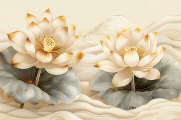  rendering of lotus flowers in pastel colors on a white background