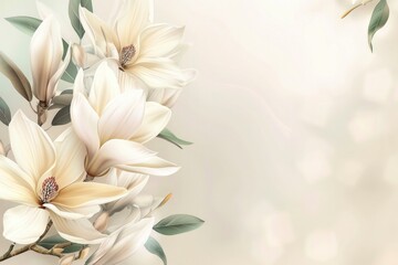 Beautiful white lily  flowers and leaves on a soft colored background .