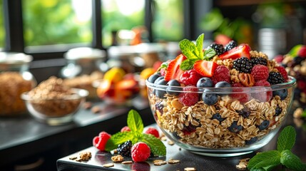 Oatmeal topped with fresh blueberries, raspberries, blackberries, pecans, and a sprig of mint,...
