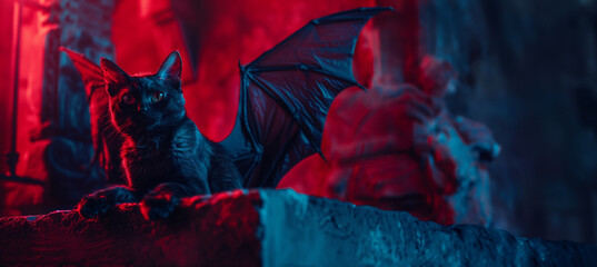 A black cat with bat wings perches majestically against a gothic backdrop, bathed in a sinister red light that adds to the overall mystical and haunting atmosphere of the image
