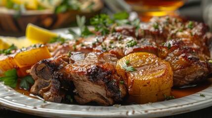 Armenian cuisine. Roast pork with quince. 