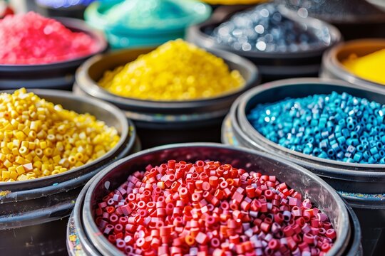 Brightly colored plastic recycling material organized in bowls for crafting, showing variety and vibrancy