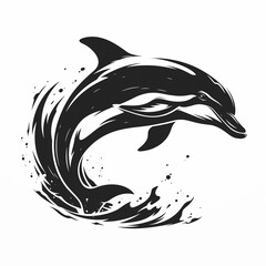 Naklejka premium Dolphin black and white illustration. Dolphin drawing logo poster. Dolphin silhouette minimalist graphic design style. AI artwork.