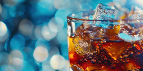 Close up of glass with cola and ice cubes on blue bokeh background, summer.