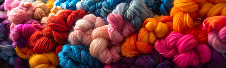 A vivid and tightly packed collection of yarn bundles, offering a rainbow of colors and a sense of abundance