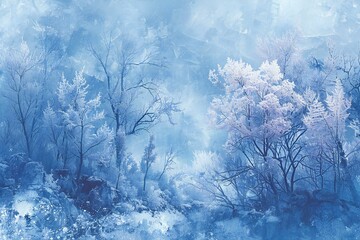 Winter landscape,  Snow covered trees and bushes in the forest,  Blue toning