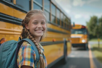 Fototapeta premium Joyful elementary student girl prepared to hop on the bus