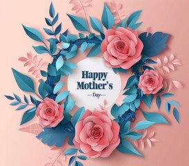 Paper cut background with roses and leaves, text Happy Mother's Day