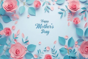 Paper cut background with roses and leaves, text Happy Mother's Day