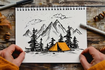 Pencil sketch tent in mountain camping, hiking background. Generative AI
