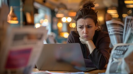 Fototapeta premium Concentrated Female Trader Reviewing Financial Data in Cafe