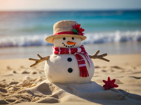a unique holiday illustration, Depict a sandy snowman with festive attire on a tropical shore.