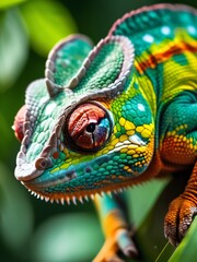 Fototapeta premium A captivating macro shot of a chameleon, its vibrant scales a stunning palette of greens, blues, and yellows. The creature’s intricate eye detail and textured skin are in sharp focus. 