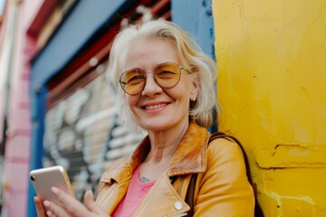 Contented aging lady with her favorite gadgets