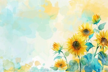 Watercolor Sunflower Background with Light Blue and Yellow Colors