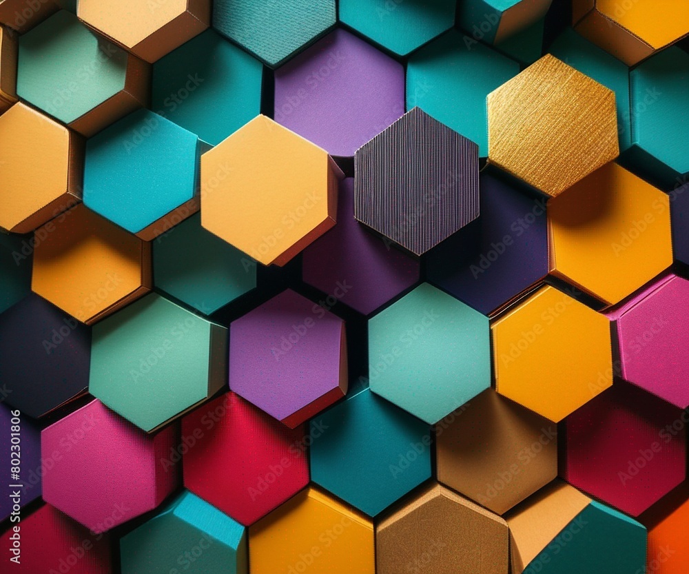 Poster a vibrant display of geometric shapes cut from colored cardboard, meticulously arranged to create an