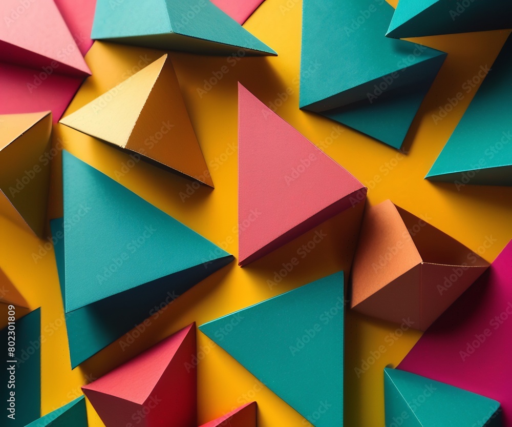 Poster a vibrant display of geometric shapes cut from colored cardboard, meticulously arranged to create an