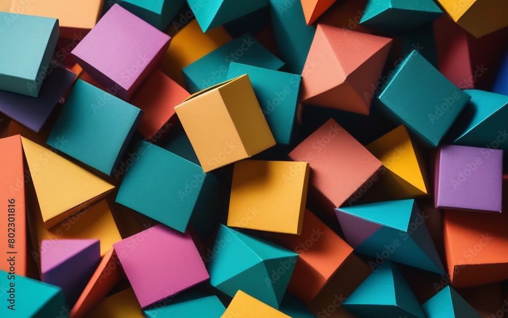 Poster a vibrant display of geometric shapes cut from colored cardboard, meticulously arranged to create an