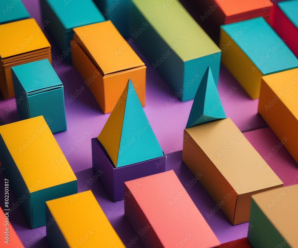 Poster a vibrant display of geometric shapes cut from colored cardboard, meticulously arranged to create an
