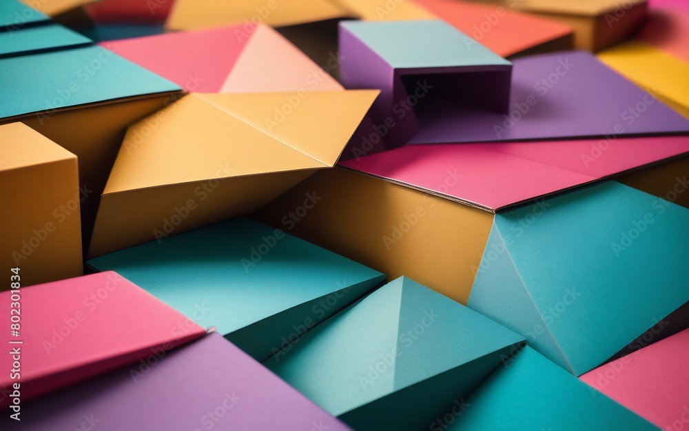 Poster a vibrant display of geometric shapes cut from colored cardboard, meticulously arranged to create an