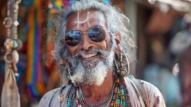 A cheerful elderly hippie man with gray hair and beard, adorned in vibrant clothing and Indian-style necklaces, radiating a bohemian aura.