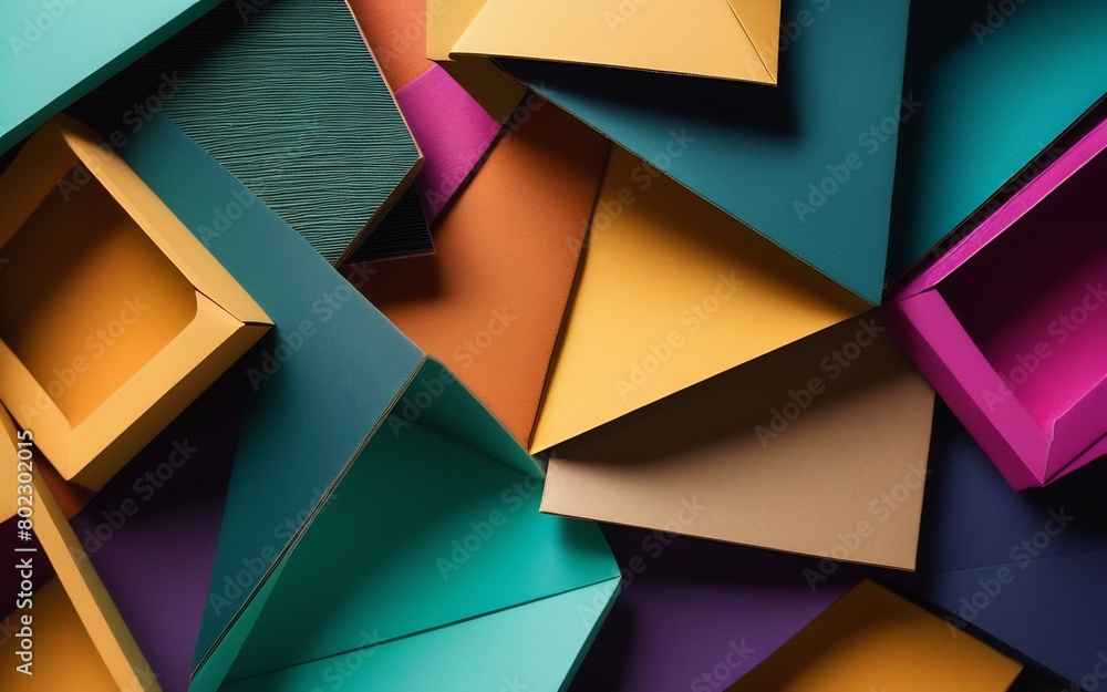 Poster a vibrant display of geometric shapes cut from colored cardboard, meticulously arranged to create an