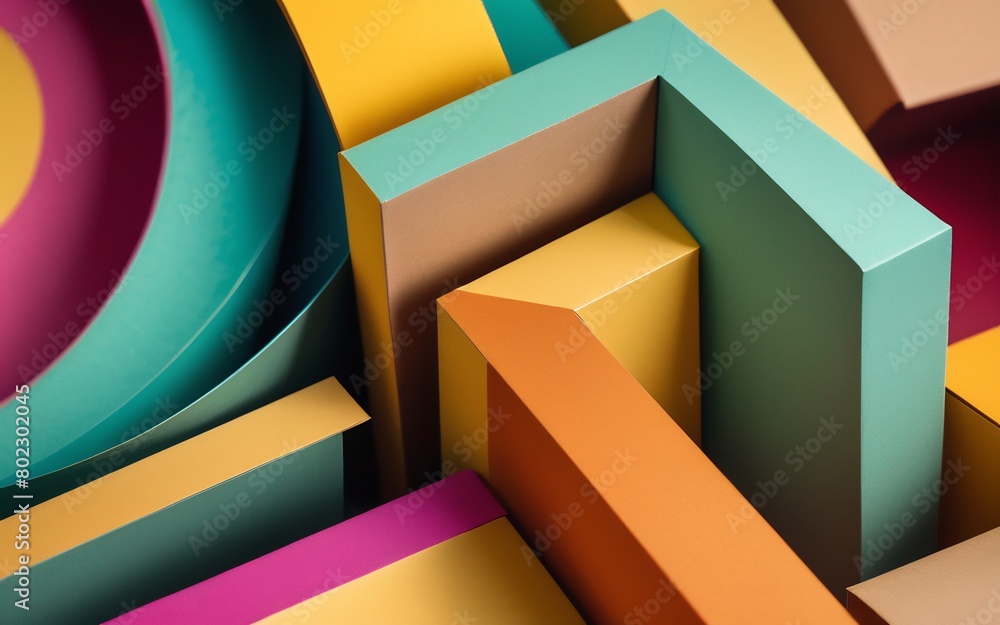 Poster a vibrant display of geometric shapes cut from colored cardboard, meticulously arranged to create an