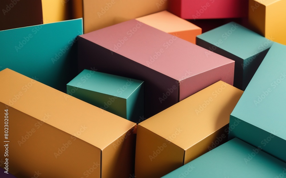 Poster a vibrant display of geometric shapes cut from colored cardboard, meticulously arranged to create an
