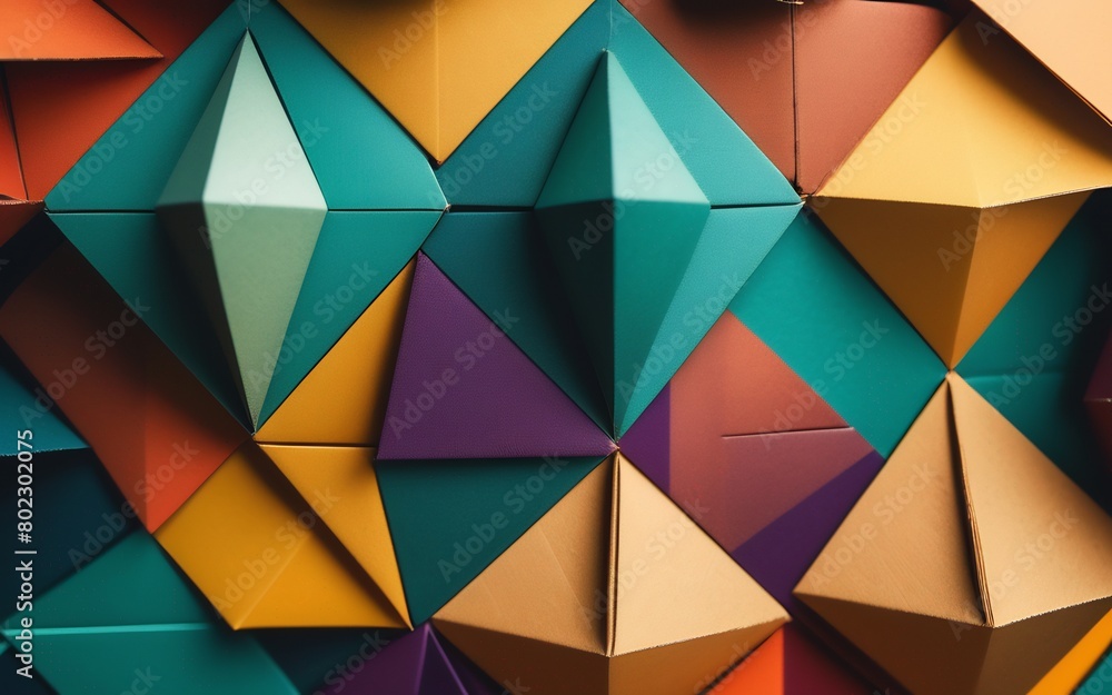 Poster a vibrant display of geometric shapes cut from colored cardboard, meticulously arranged to create an
