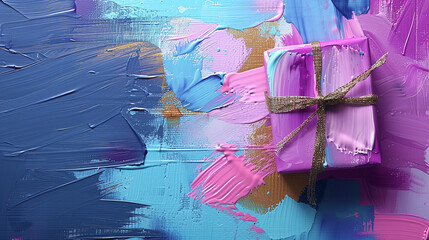 Wrapped Gift in Pastel Pink and Blue Canvas: Artistic Presentation with Abstract Oil Painting for Unique Gift Ideas