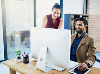 Office, people and consult with computer for teamwork in company with collaboration for web design....