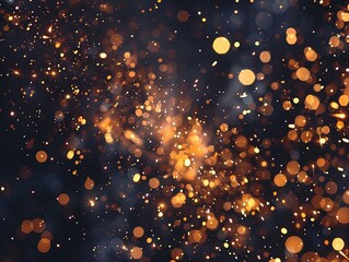 abstract background with sparks and bokeh lights, dark background with golden light