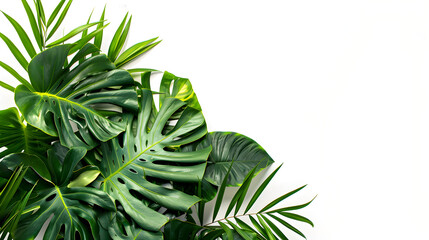 Tropical leaves foliage plant jungle bush floral arrangement isolated on white background. Perfect for tropical vacation advertising or exotic botanical decor.