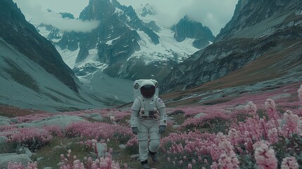 Astronaut sitting in a flower field on another planet