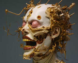 The image is a depiction of a skull with golden wires coming out of the eyes and mouth. The skull is also covered in a strange, fleshy substance.