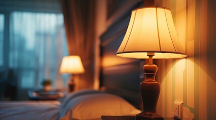 Close-up of a bright table lamp near the bed	
