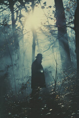 Mysterious Silhouette of a Person in a Foggy Forest with Sun Rays