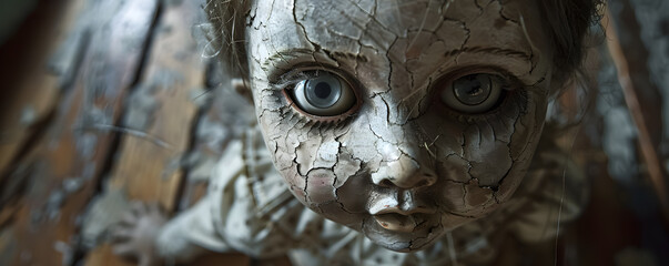 boneca assustdora com olhos azuis e rachaduras no rosto - obrazy, fototapety, plakaty
