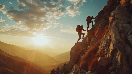 Two hikers helping each other climb on the mountain top against sunset sky with clouds and beautiful landscape