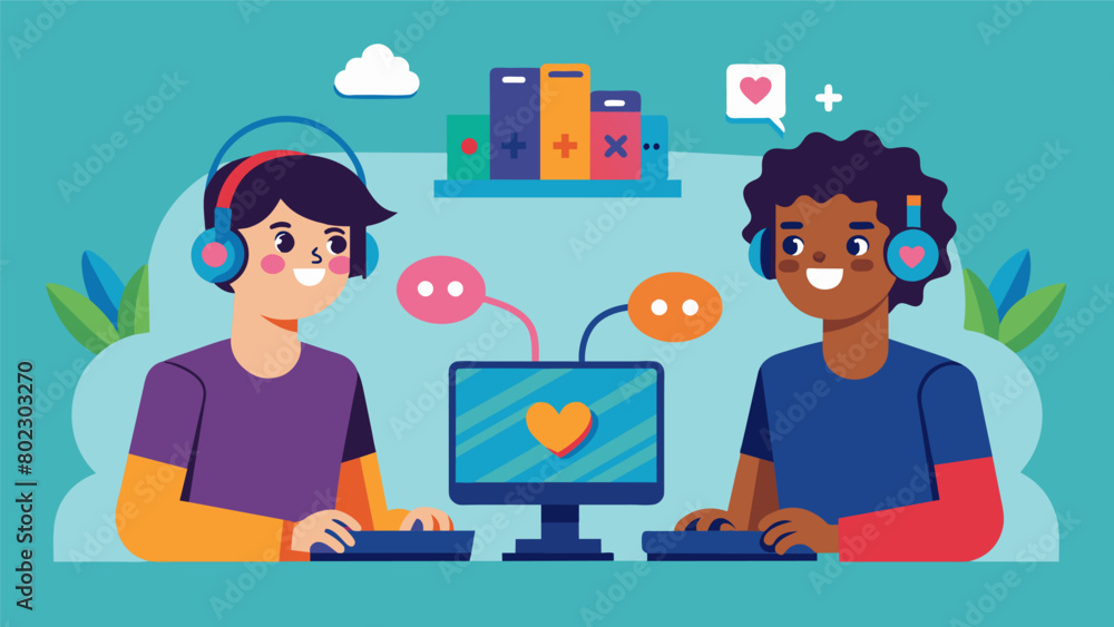 Poster a pair of friends playing an online game together using it as a means of bonding and connecting with
