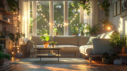 Cozy lounge space with soft seating and greenery