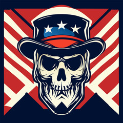 a human skull with american flag color illustration for t-shirt design, dark backgroundand hat,