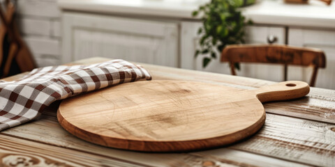 A wooden cutting board sits on a table with a checkered cloth