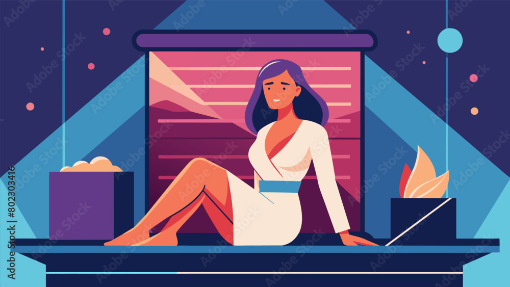 Poster a businesswoman sitting in an infrared sauna after a conference using the time to unwind and recharg
