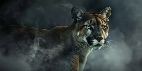 Obraz premium Majestic Mountain Lion Stalking Through Misty Wilderness