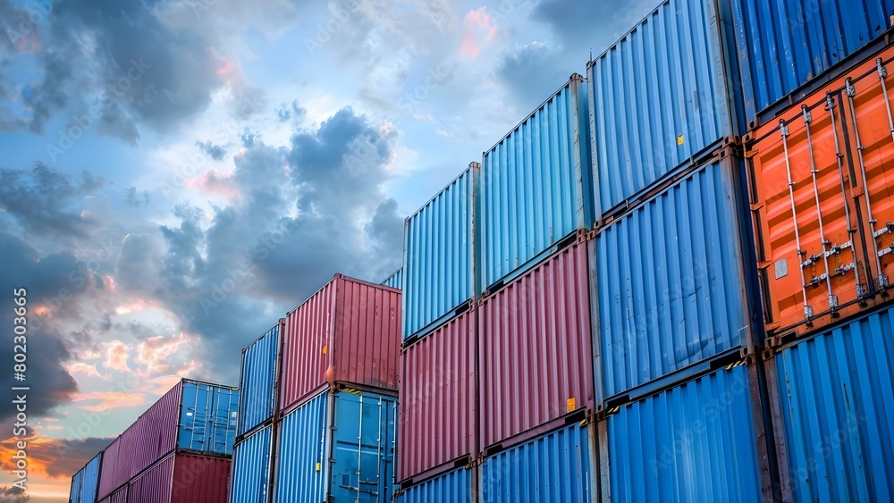 Poster stacked blue container boxes against a sky background for import-export logistics. concept import-ex