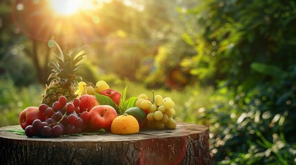 arm wood nature field fruit table product grass garden background stand green food. Nature wood landscape morning farm outdoor sky podium forest stump beauty sun scene platform view beautiful trunk