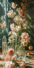 Ethereal Light Shines Through Delicate Flowers in Glass Vases