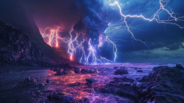 Marvel at the volcanic lightning illuminating a stream with a vibrant fish population, a dance of light and life